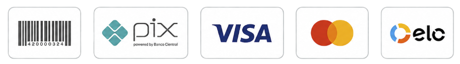 Formas de pagamento: boleto, Pix, Visa, Mastercard e Elo